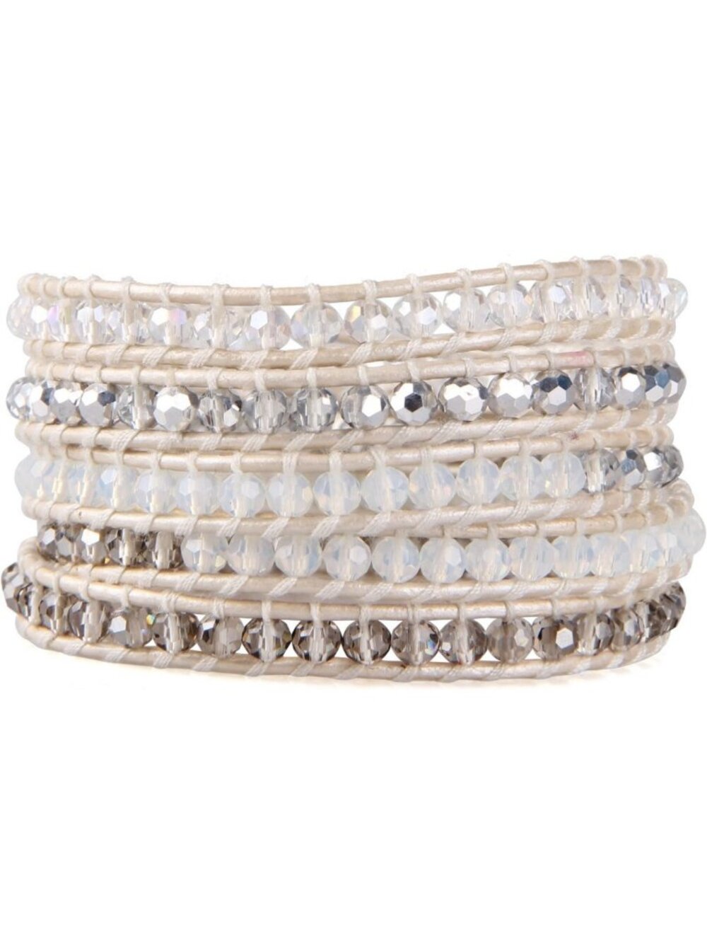 Stylish Gray Crystal Beaded 5-Wrap Bracelet | White Leather Friendship Jewelry